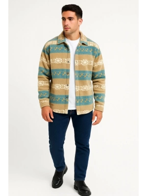 Desenli Polar Gömlek – Etnik Şerit Desen Yakalı, Uzun Kollu, Düğmeli, Oversize Rahat Kalıp - Sarı -