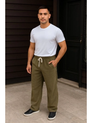 Fitilli Kadife Cepli Buggy Pantolon Oversize Rahat Kalıp - Haki