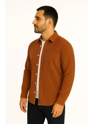 Fitilli Kadife Cepli Gömlek Oversize Rahat Kalıp - Kahverengi