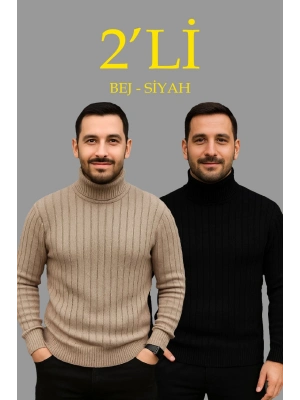 Fitilli Triko Kazak 2li Set Bej Siyah