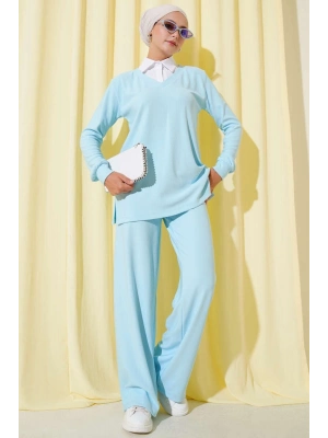 Gömlek Yaka Fitilli Salaş İkili Takım Buz Mavisi T4300