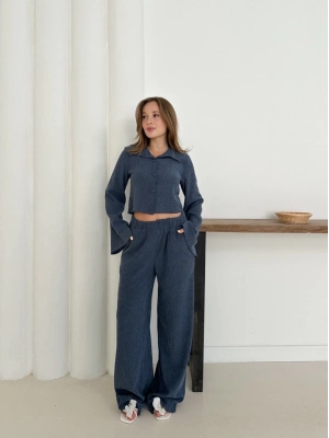 Gömlek yaka kaplama düğmeli takım lacivert st265866