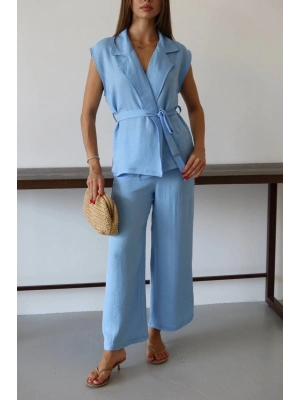 Keten yelek pantolon takım mavi pt