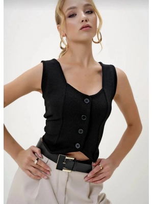 Krep kumaş düğmeli yelek siyah s3395