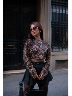 Leopar desenli Uzun Kollu Crop - Leopar