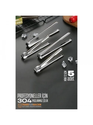 ® Mini 12.5 cm Buz Maşası - Şeker Limon Maşası Kokteyl Servis Maşası 5 li PAKET 304 Paslanmaz Çelik
