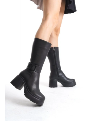 Moki Siyah Cilt Topuklu Çizme