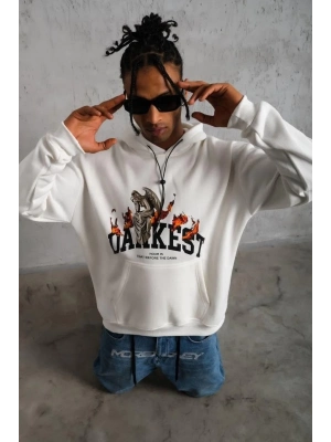 Oversize Kapüşonlu Sweatshirt – Beyaz Renk Üç İplik İçi Pamuklu Kanguru Cepli Baskılı Hoodie Rahat Kalıp Kışlık Günlük Kombinlere Uygun - Beyaz -