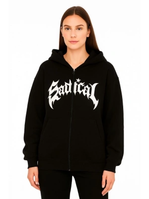 Oversize Kapüşonlu Sweatshirt  Hoodie 3 İplik Şardonlu Pamuklu Kumaş, Önü Baskılı, Fermuarlı Rahat Kalıp, Kışlık ve Sokak Stili Sweat - Siyah