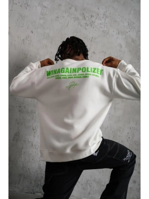 Oversize Sweatshirt – Beyaz Renk | Ön ve Sırt Baskılı, Üç İplik İçi Pamuklu Kumaş, Rahat Kalıp, Ribanalı Kışlık Sweat | Winagain Polizei Serisi - Beyaz