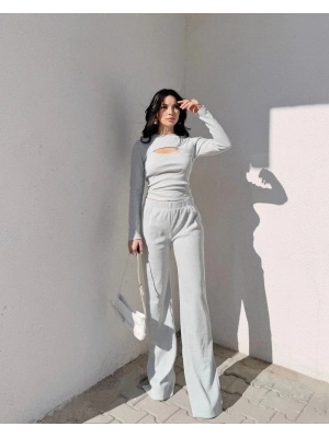 Pencereli detaylı alt üst takım gri w3864