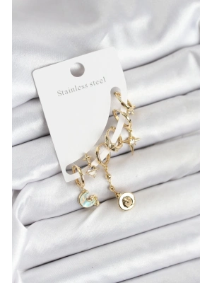 ÇOK SATAN Pirinç Gold Renk Ay Model Kadın Set Küpe