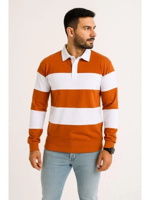 Polo Yaka Uzun Kollu Çizgili Sweatshirt Trend Rugby Stil - Turuncu