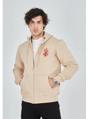 Baskılı Tam Fermuarlı Kapşonlu SweatShirt - Bej
