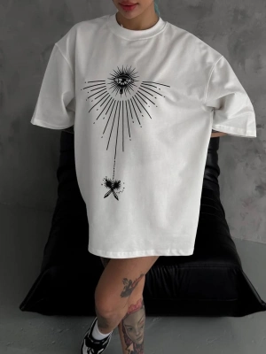 Bisiklet Yaka Baskılı Oversize T-Shirt - Beyaz