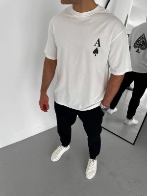 Bisiklet Yaka Baskılı Oversize T-Shirt - Beyaz