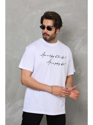 Bisiklet Yaka Baskılı Oversize T-Shirt - Beyaz