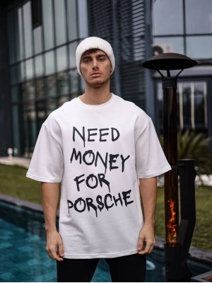 Bisiklet Yaka Baskılı Oversize T-Shirt - Beyaz