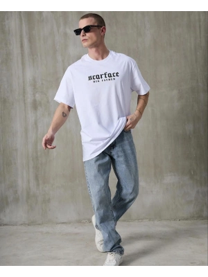 Bisiklet Yaka Baskılı Oversize T-Shirt - Beyaz