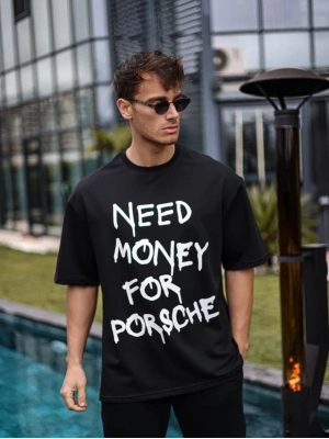 Bisiklet Yaka Baskılı Oversize T-Shirt - Siyah