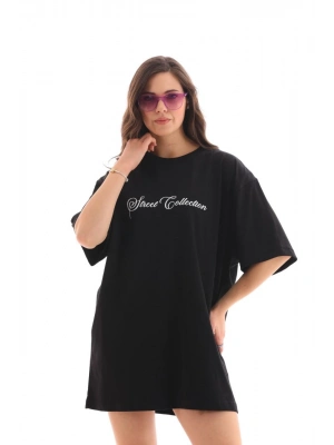 Bisiklet Yaka Baskılı Oversize T-Shirt - Siyah