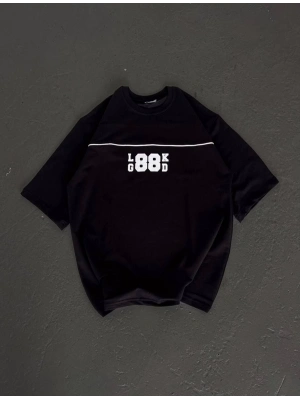 Bisiklet Yaka Baskılı Oversize T-Shirt - Siyah