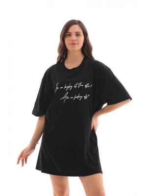 Bisiklet Yaka Baskılı Oversize T-Shirt - Siyah