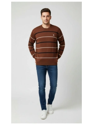 Bisiklet Yaka Cizgili Triko Kazak yumuşak dokulu Pamuklu ince Dokuma, uzun kollu Rahat Regular kalıp - Kahverengi