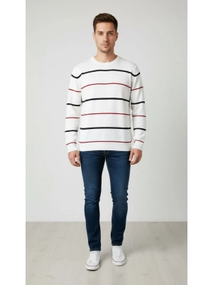 Bisiklet Yaka Cizgili Triko Kazak yumuşak dokulu Pamuklu ince Dokuma, uzun kollu Rahat Regular kalıp - Beyaz