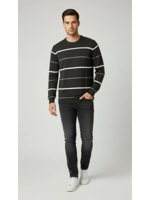 Bisiklet Yaka Cizgili Triko Kazak yumuşak dokulu Pamuklu ince Dokuma, uzun kollu Rahat Regular kalıp - Füme