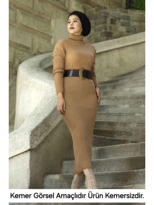 Boğazlı Uzun Fitilli Triko Dokuma Elbise - Kahverengi