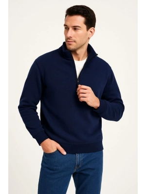 Dik Yaka Sweatshirt Dik Yaka Yarım Fermuarlı 3 İplik Şardonlu Pamuk Kumaş - Lacivert