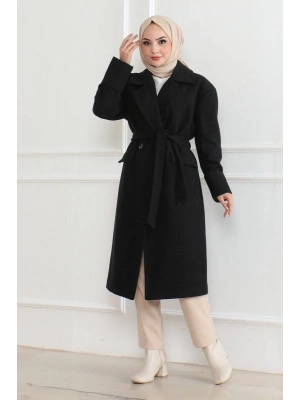 Düğmeli İçi Astarlı Kaşmir Kaşe Kaban - Siyah