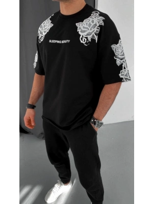 Flok Kabartma Baskılı T-Shirt - Siyah