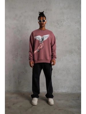 Güvercin Baskılı Sweatshirt - Gül Kurusu