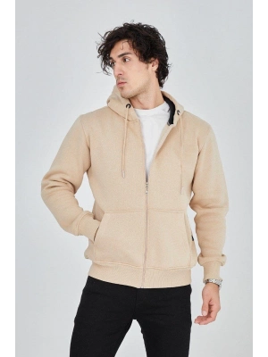 Kapüşonlu Düz Fermuarlı Hırka - Bej