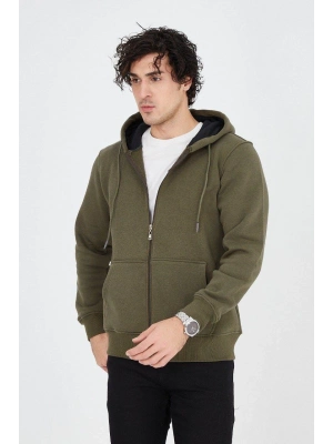 Kapüşonlu Düz Fermuarlı Hırka - Yeşil