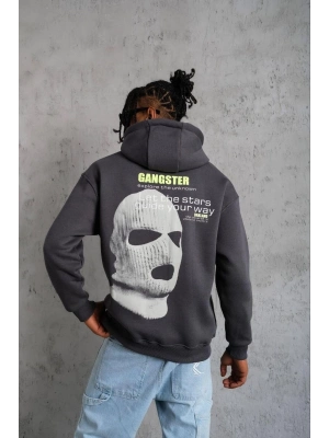 Kordonlu Maske Baskılı Kapşonlu Sweat - Gri