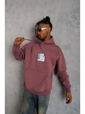 Ön Arka Baskılı Kapşonlu Sweat - Gül Kurusu