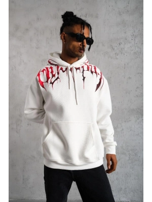 Ön ve Arka Baskılı Kapüşonlu 3 İplik Sweatshirt - Beyaz