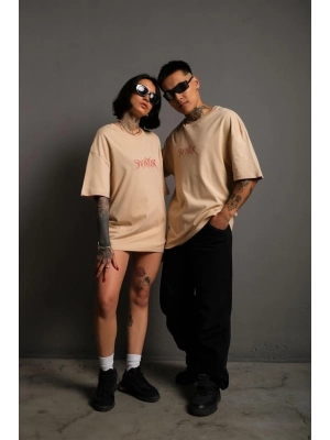 Sırt Baskılı Oversize T-shirt - Bej