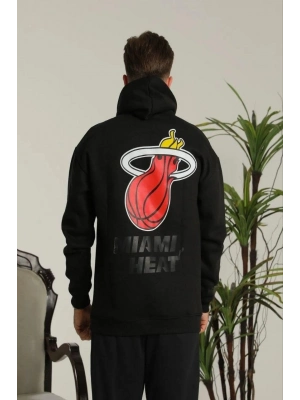 Sırt Baskılı Oversize Üç İplik Kapüşonlu Sweatshirt - Siyah