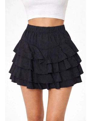 Siyah Katlı Mini Fırfıtlı Etek Lastikli Yüksel Bel, Volanlı Tasarım, Rahat Kalıp, Günlük ve Şık Kombinelere Uygun Yazlık Etek - Siyah
