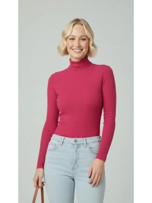 Tam Boğazlı Fitilli Likrali Kaşkorse Badi İnce Uzun Kollu Kazak - Pembe