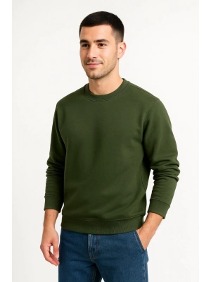 Üç İplik Düz Bisiklet Yaka SweatShirt - Haki