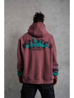 Üç İplik içi Pamuklu Alev Baskılı Kapüşonlu Sweatshirt - Gül Kurusu