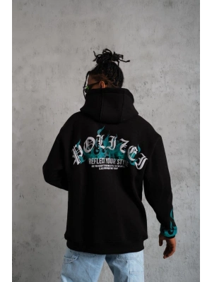 Üç İplik İçi Pamuklu Alev Baskılı Kapüşonlu Sweatshirt - Siyah