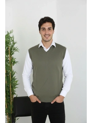 V Yaka Kolsuz Süveter Triko Kazak yumuşak dokulu Pamuklu ince Dokuma Rahat Regular kalıp - Haki