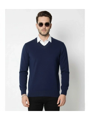 V Yaka Triko Kazak yumuşak dokulu Pamuklu ince Dokuma, uzun kollu Rahat Regular kalıp - Lacivert