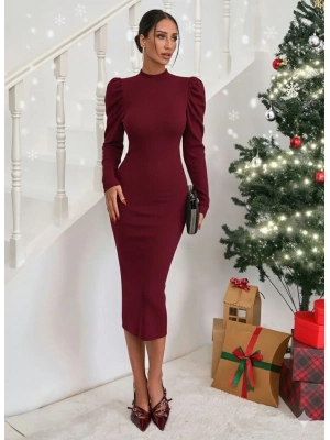 Prenses kol kaşkorse elbise bordo a3691